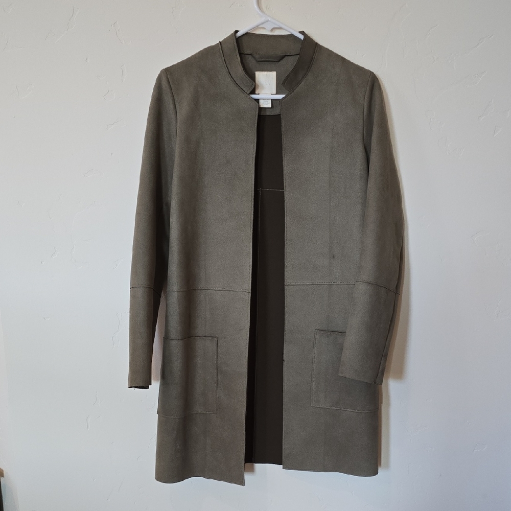 H&M Olive Open-Front Suede-Look Long Trench Coat